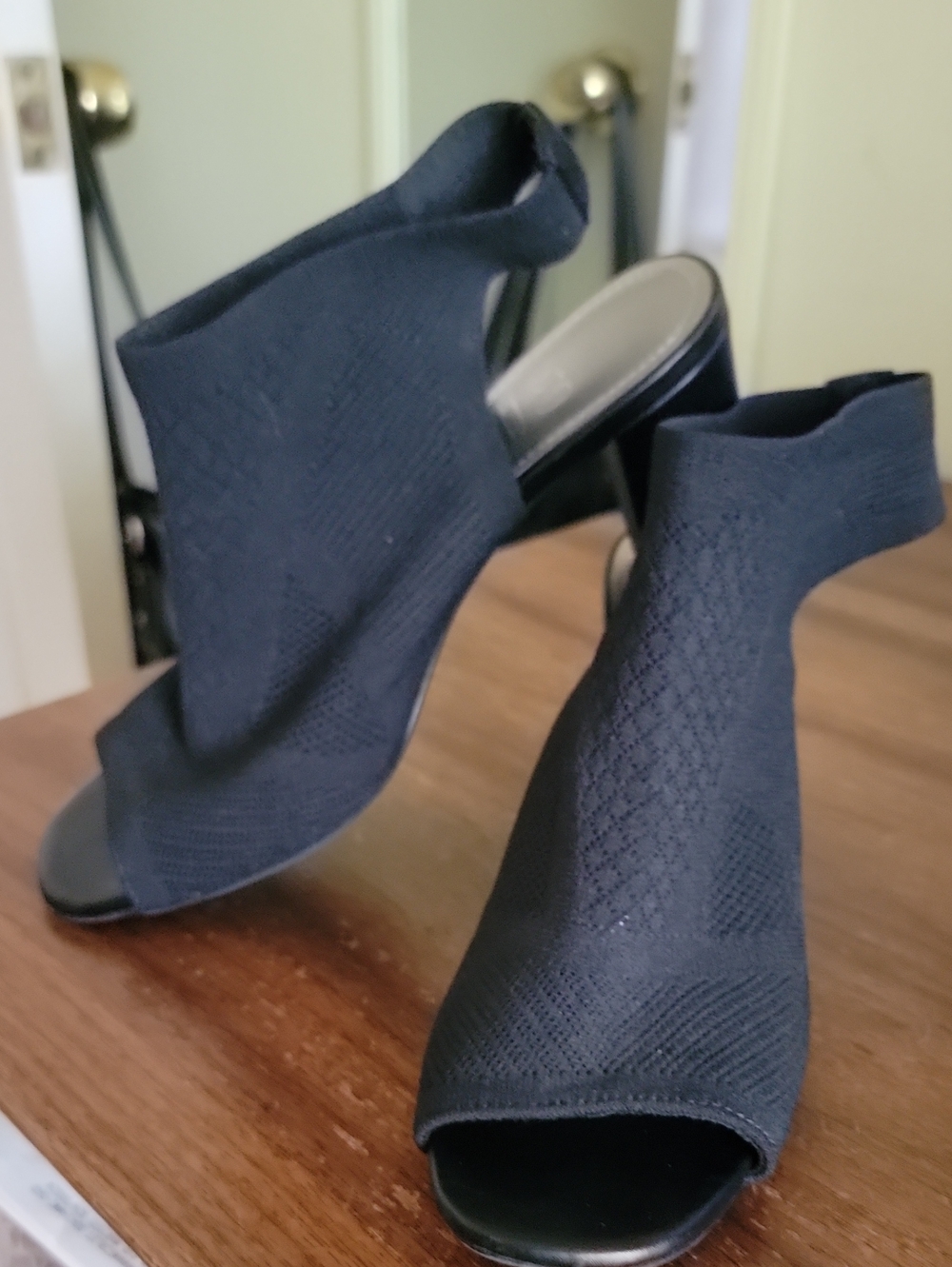 Impo Delancey Black Knit Stretch Peep-Toe Slingback Mules
